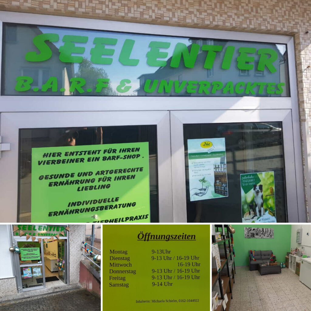Barf-Shop Seelentier
Barf & Unverpacktes, Lindenstraße 1, 61250 Usingen-Wernborn
Sortiment: Hochwertiges Barf Frostfleisch, Menüs, Frost-Kauartikel.
Unverpacktes: Öle, Mineralien, Zusätze etc. zum abfüllen, spart Verpackung, Ergänzungen zum barfen; Kauartikel ohne viel Verpackung, kaltgepresstes Trockenfutter, Nassfutter mit natürlichen Zutaten, Pferdezusatzprodukte
Natürliche Ernährung für ihren Vierbeiner